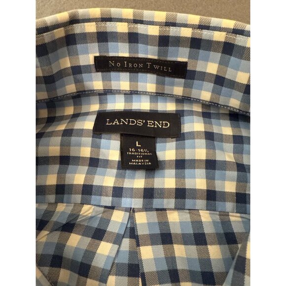 Lands End Mens No Iron Twill Blue & White Gingham Long Sleeve Button-Down Shirt - Picture 3 of 6